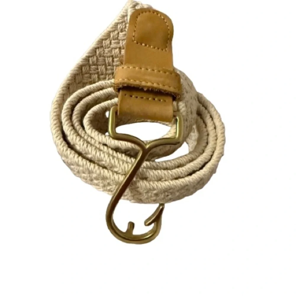 Braided Natural Rope Belt with Brass Hook Buckle - Size Large